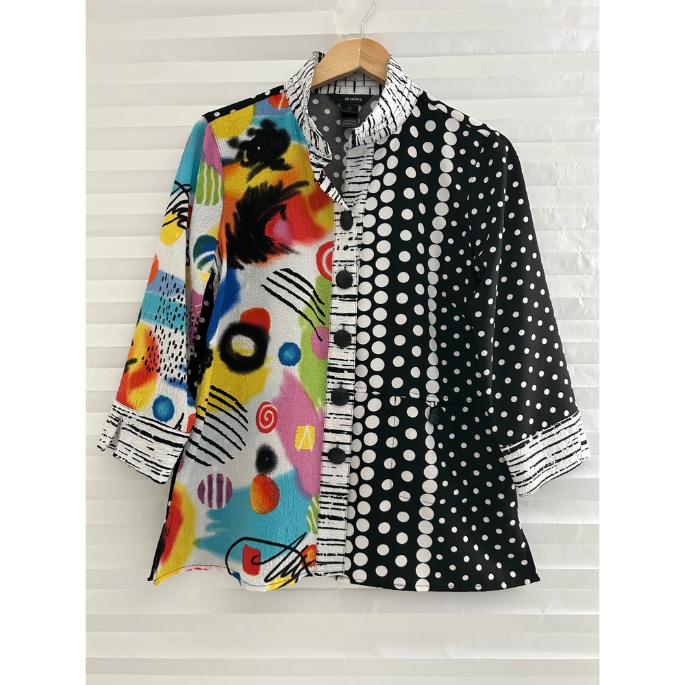 Ali Miles Womens Mixed Print Bright Funky Button Front Artsy Jacket Top S Chic